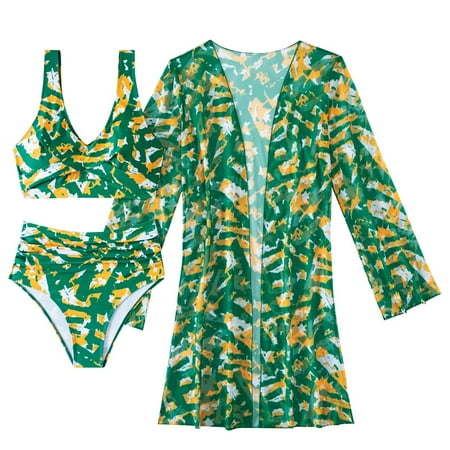 Wyobmus Women s 3 Piece Swimsuits Hawaiian Tropical Print Bikini Set Halter Drawstring Side Bathing Suits With Sunscreen Cover Up Containing Chest Pad C-Green