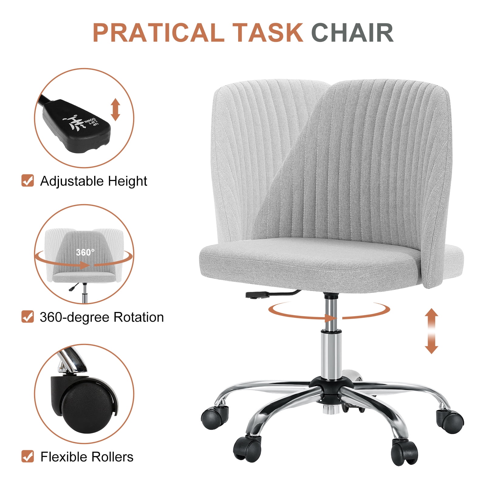 Armless Adjustable Swivel Desk Chair with Wheels