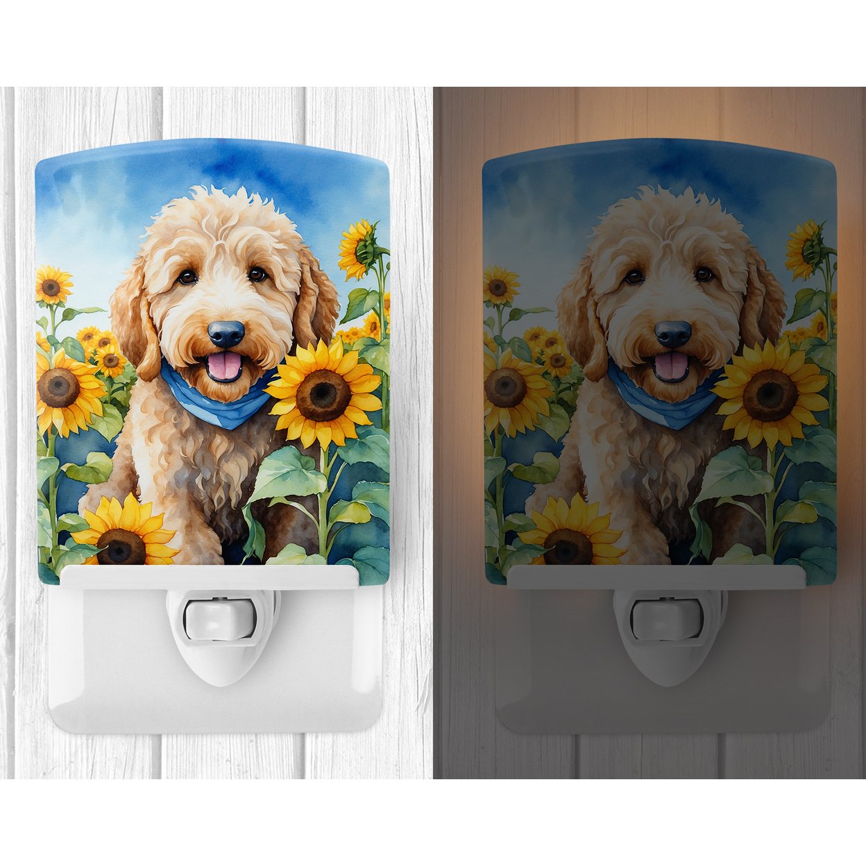Goldendoodle in Sunflowers Ceramic Night Light 4 in x 6 in