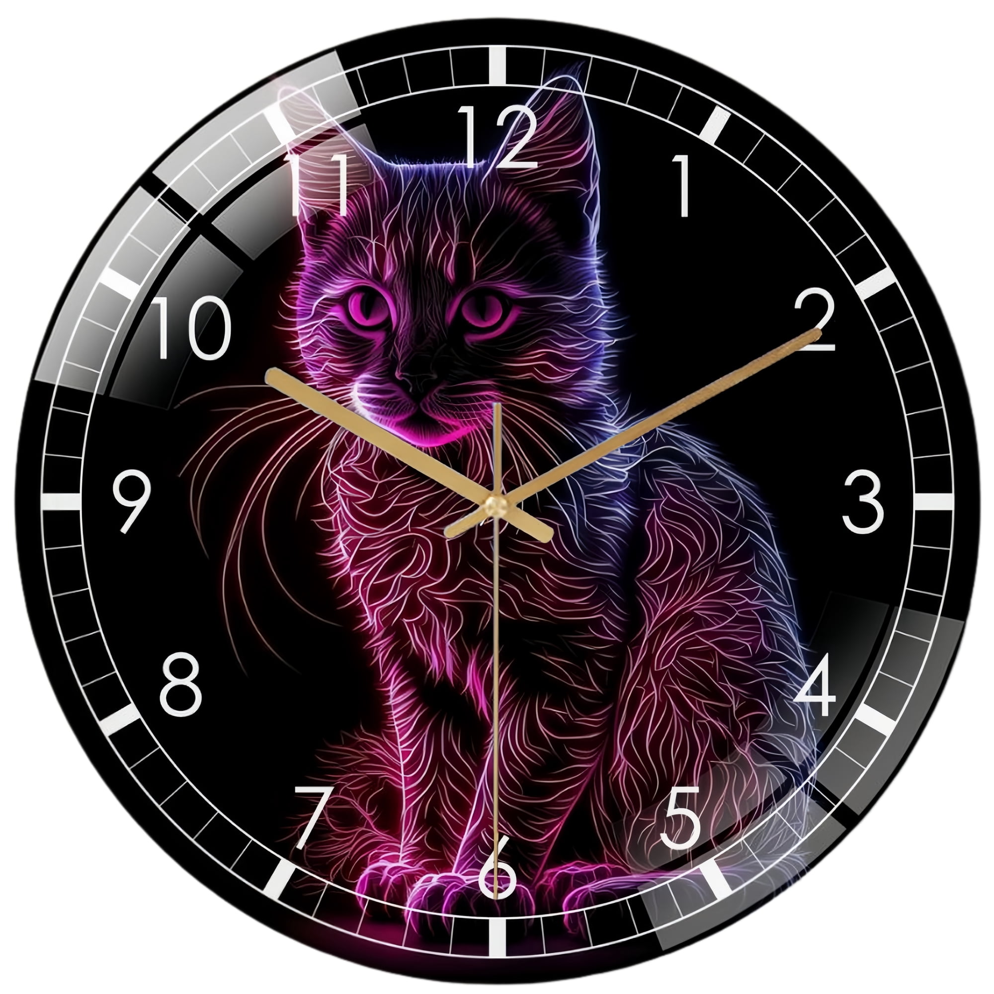 Decorative Clocks: Neon Pink Kitten Kitty Fantasy Art Glass Wall Clock, Decor And Gift Wall Clock