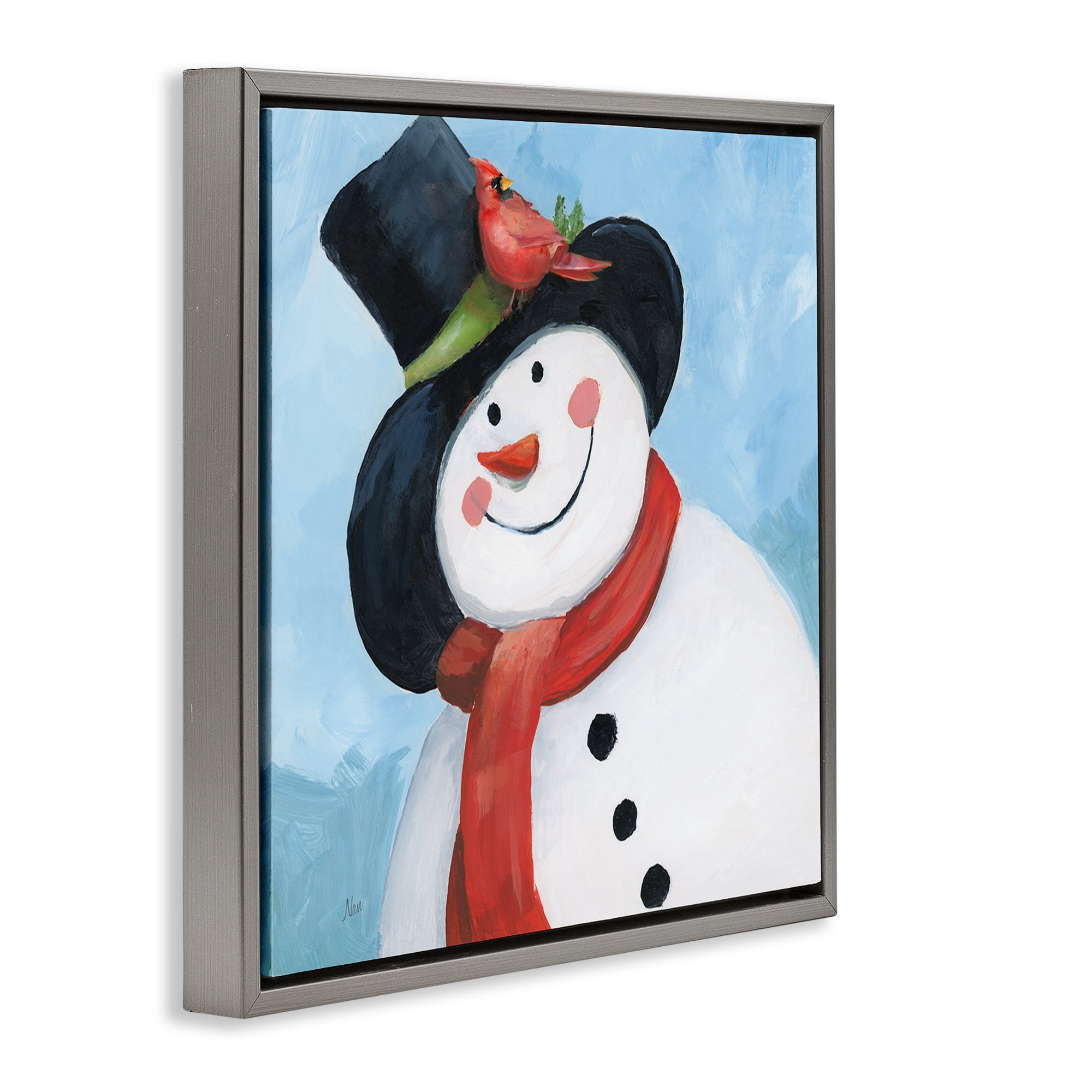 Stupell Industries Cheerful Snowman with Cardinal Gray Framed Floater Canvas Wall Art, design by Nan