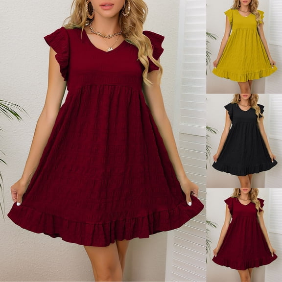Women Dress Summer Summer Dresses Women Fashion Women Summer Casual V-Neck Short Sleeve Ruffled Solid Mini Dress Wine S