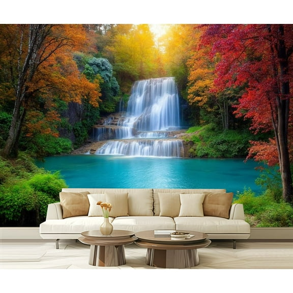 Peel and Stick Wallpaper Waterfall Rainbow Landscape Nature Forest Curved Lines Contrasting Modern Art Wall Mural Decor Self Adhesive and Removable 69in x 98in