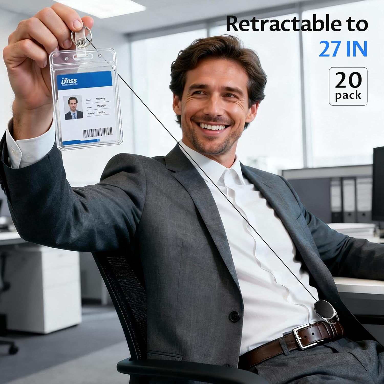 20 Pack Retractable Badge Holder with Carabiner Reel Clip, Badge Reel Bulk ID Card Key Holder with Ring, Sturdy Black Key Chain Extender for Office Work Employee