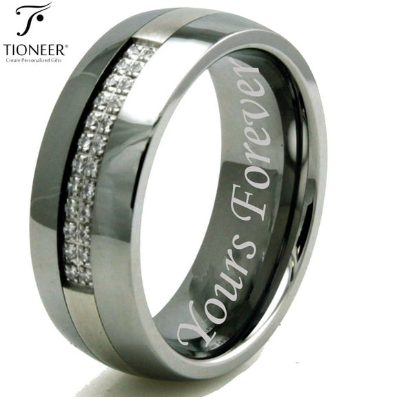 Tioneer Tungsten Carbide & Infused Stainless Steel w/ 24 Cubic Zirconia Men Women Wedding Band Ring 8mm Free "Yours Forever" Engraved