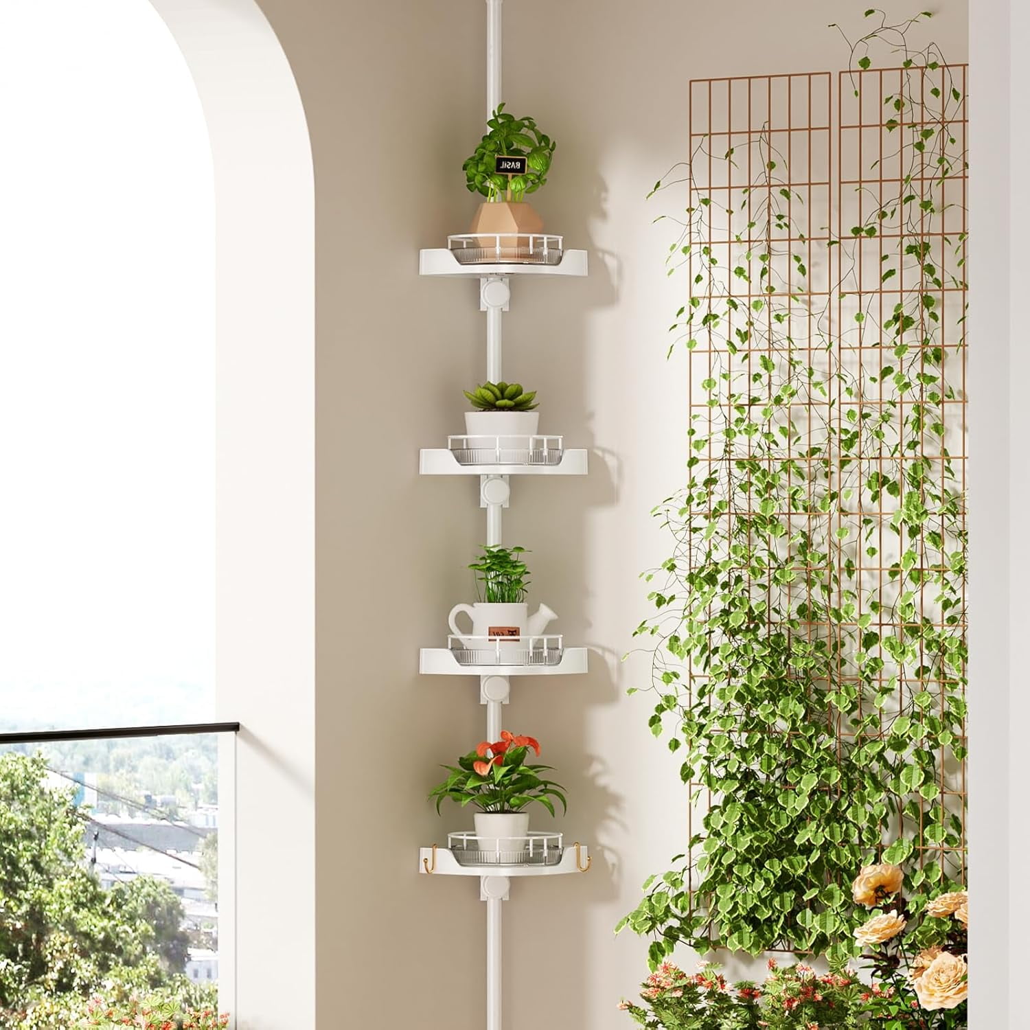 360° Rotating Corner Shower Caddy Tension Pole Organizer - 4-Tier Adjustable Rustproof Metal Pole, Plastic Shelves with Safety Guardrail, Bathroom Storage for Shower & Bathtub(White)