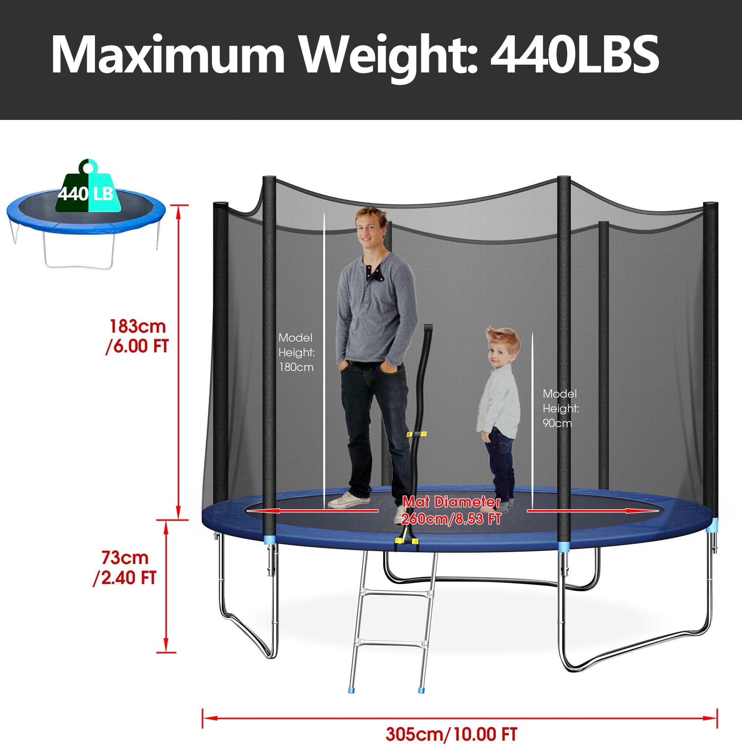 donor schoorsteen Madison Inolait 10ft Trampoline for Kids and Adults Hold Up to 680LBS - Walmart.com