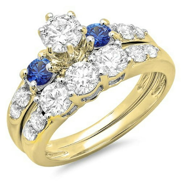 Dazzlingrock Collection 18K Round Blue Sapphire & White Diamond Ladies 3 Stone Engagement Ring Set, Yellow Gold, Size 7