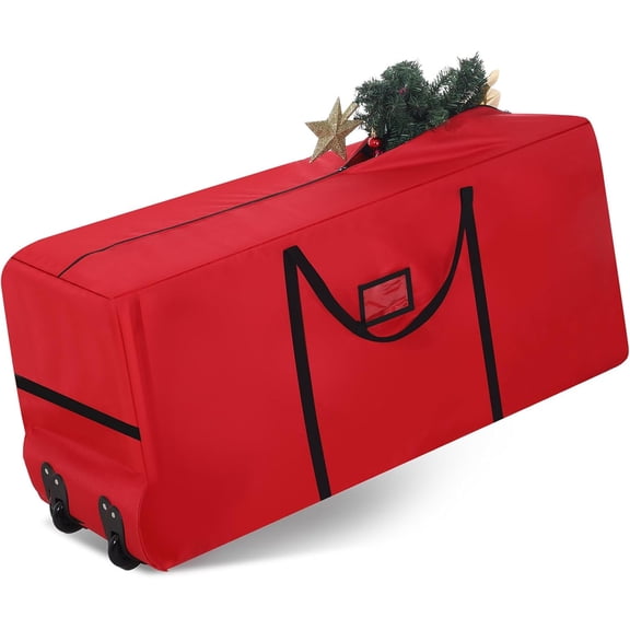 7.5 Ft Heavy Duty Christmas Tree Storage Bag 900d Oxford Fabric with Wheels and Reinforced Handles, Durable Xmas Storage Box for Disassembled Holiday Tree (7.5 ft,Red)