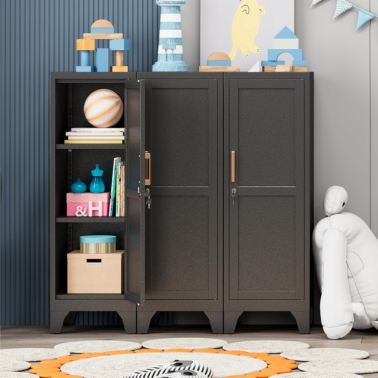 Kitchen Pantry Cabinet,Pantry Storage Cabinet with Lock and Adjustable Shelves, Metal Food Pantry Cabinets with Handle,3 Tier Metal Storage Cabinets for Home/Kitchen/Laundry-Assembly Required(Black)