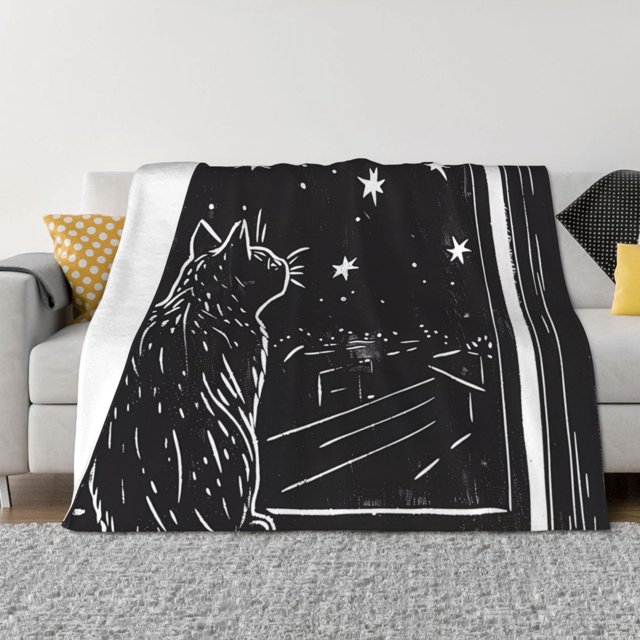 Balery Star Gazing Cat Illustration Manta de Franela con Dibujo, Lujo Ultra Suave y Cálido, Antipelusa y Resistente a las Arrugas para Cama, Sofá, Camping -40"x30"
