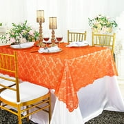 Wedding Linens Inc. 54" x 108" Rectangular Lace Table Overlays, Lace Tablecloths, Lace Table Overlay Linens, Lace Table Toppers for Wedding Decorations, Events Banquet Party (1pc) - Orange