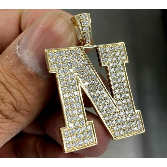 Aishvi Jewels 1.50Ct Round Cut Real Moissanite ''N'' Letter Initial Pendant 14K Yellow Gold Plated