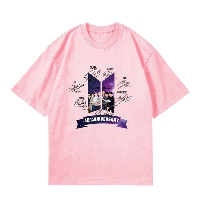 KPOP BTS 10th Anniversary Camiseta De Algodón Para Hombres Y Mujeres Talla Grande Arte Firma Impresión Suelta Pareja Manga Corta Harajuku Verano Moda Casual Estudiante Camisa Tee
