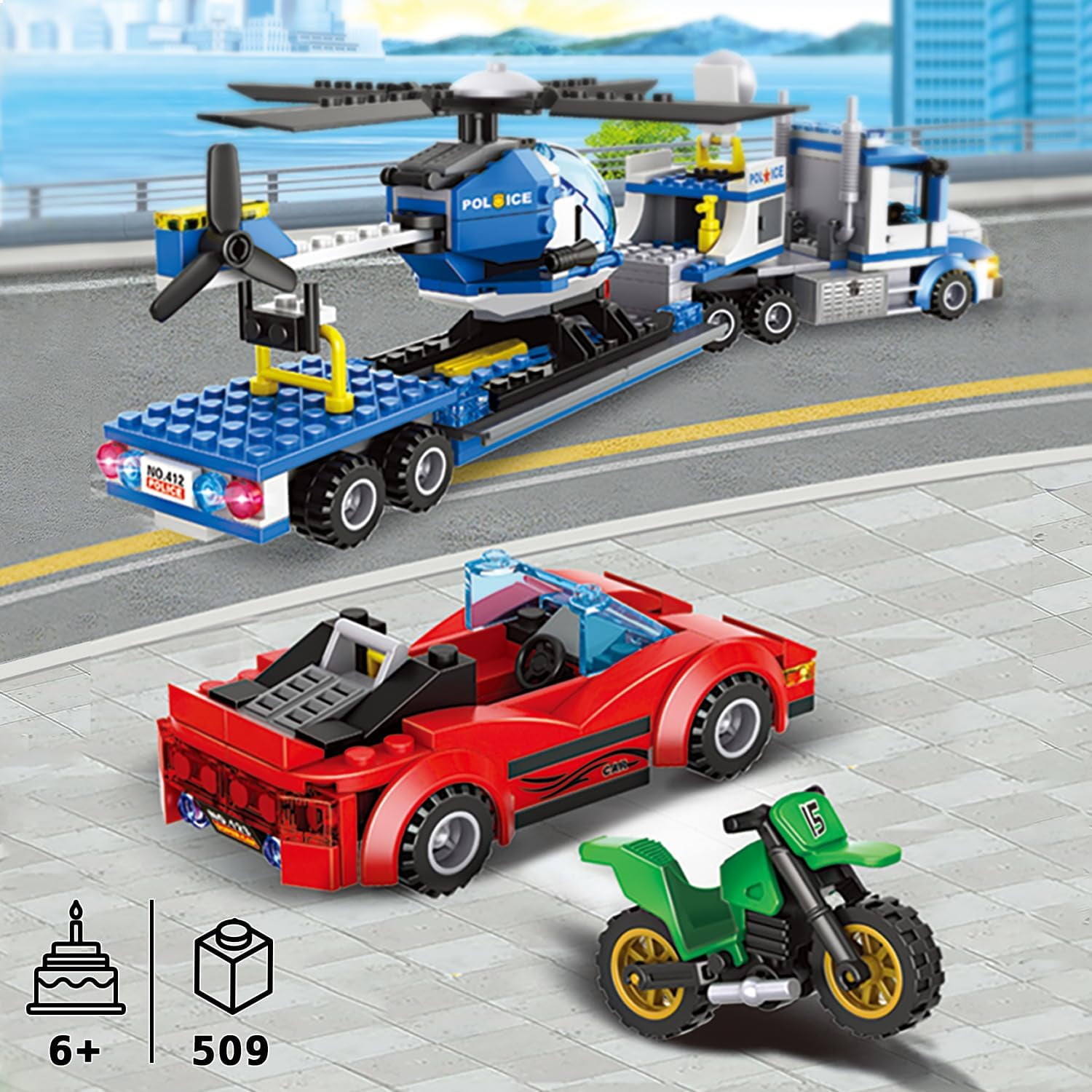 Honchoes 5-in-1 City Police Chase Building Sets Toy Compatible with Lego Car Truck Helicopter Gift for Boys 509 Pcs