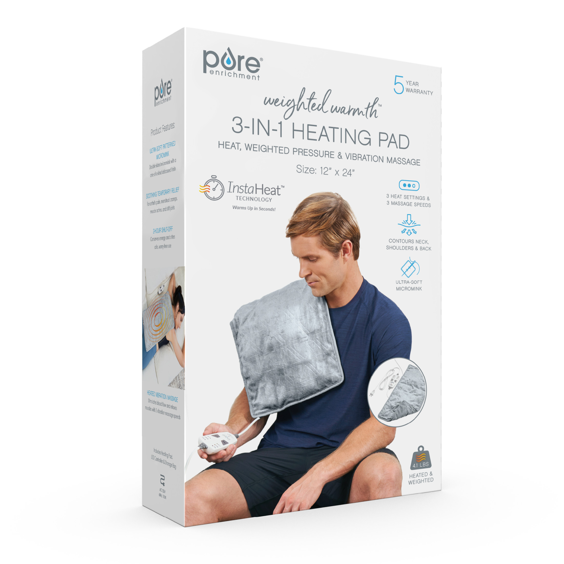 Pure Enrichment WeightedWarmth 3-in-1 Heating Pad - 3 InstaHeat Settings, 3 Massage Speeds & 4.1 lbs of Weighted Pressure for Shoulder, Neck, & Back Pain - 12” x 24” (Steel Gray)