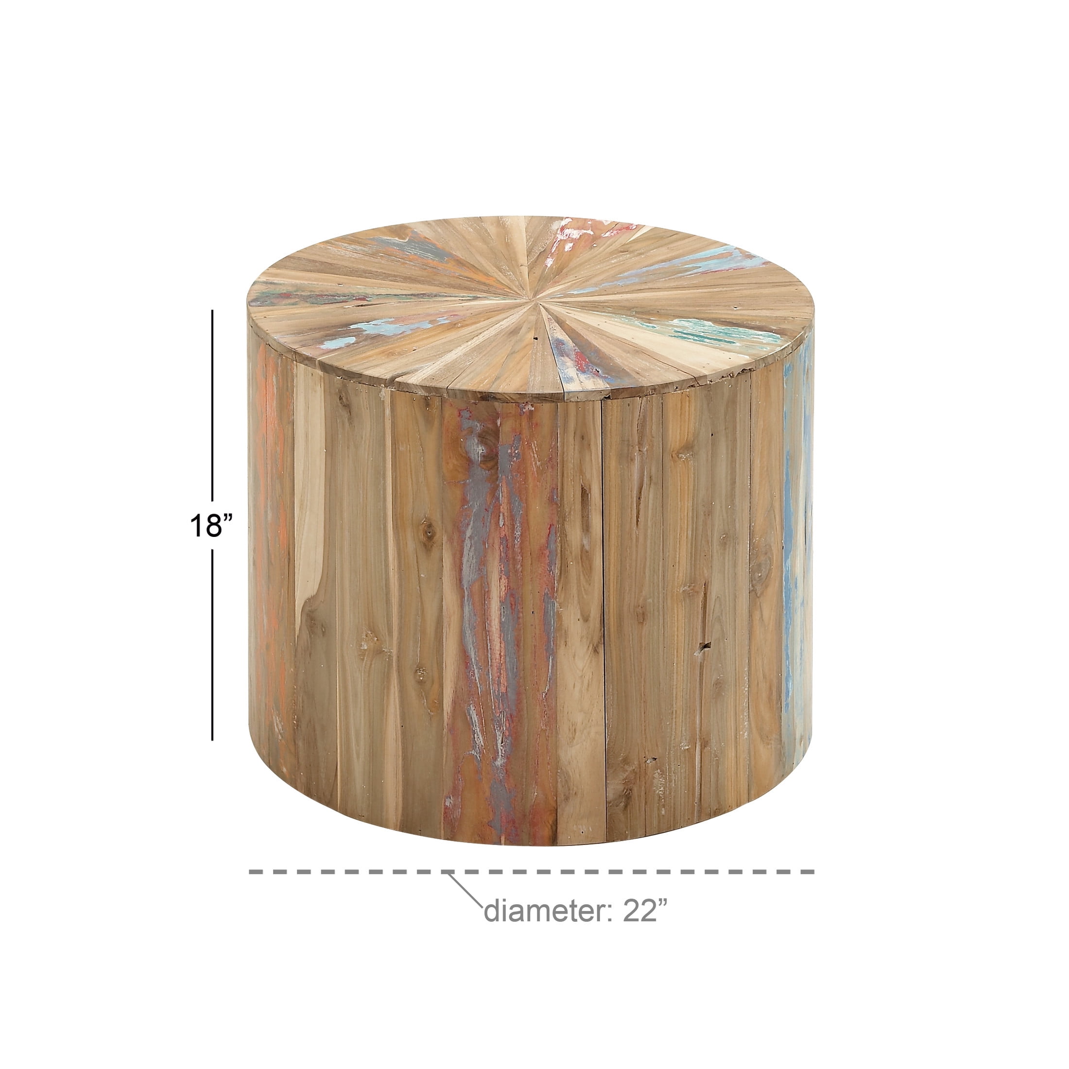 DecMode 22" x 18" Brown Reclaimed Wood Handmade Pinwheel Drum Starburst Accent Table with Colorful Painted Accents, 1-Piece
