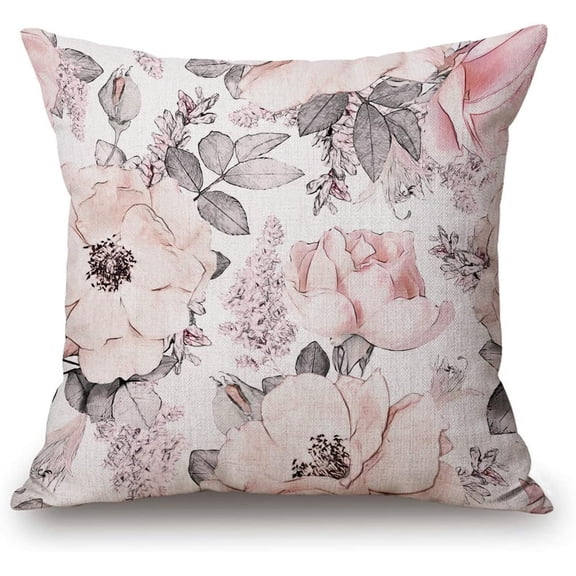 Watercolor Flower Pillow Cover Floral Abstract Pink Grey Blossom Spring Rose Cotton Linen Pillow Cover Throw Pillow Case Cushion Cover Pillowcase for Sofa Home Bed Decorative 18"x18"