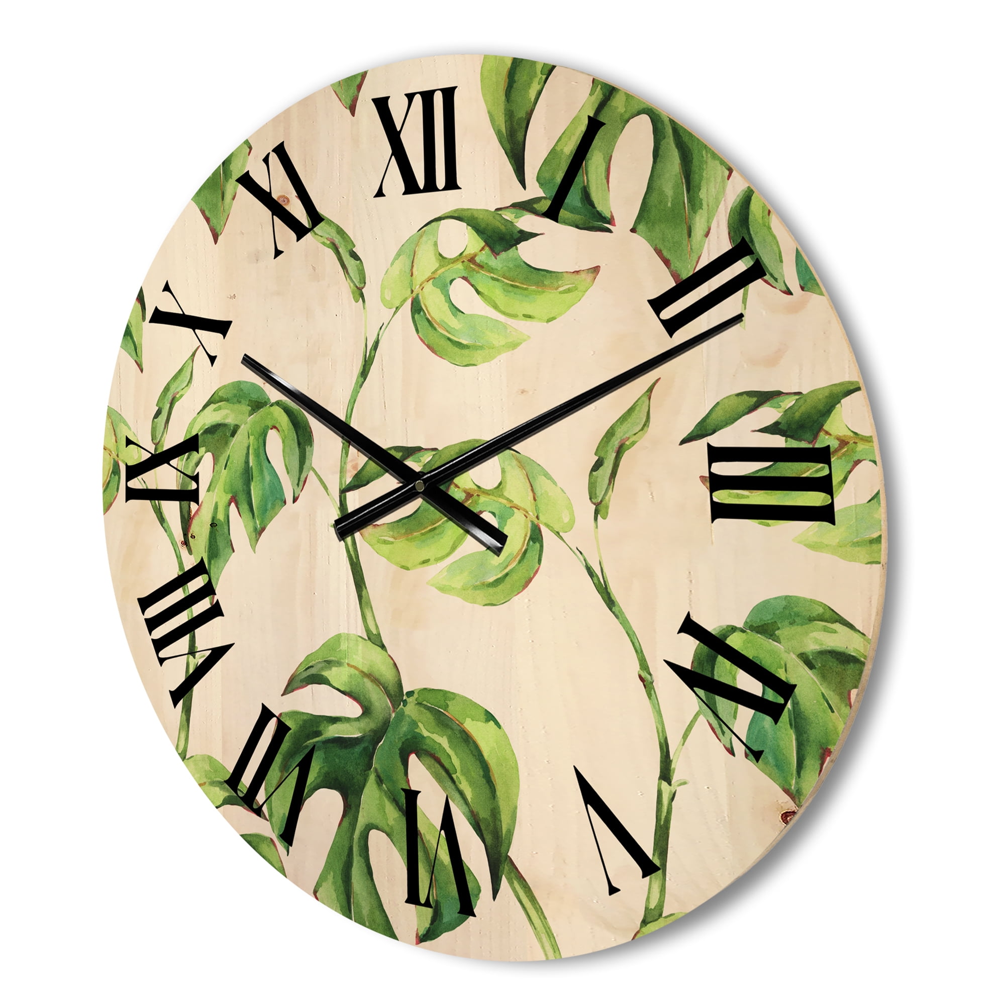 Designart 'Ancient Floral Tropical Leaves II' Tropical Wood Wall Clock