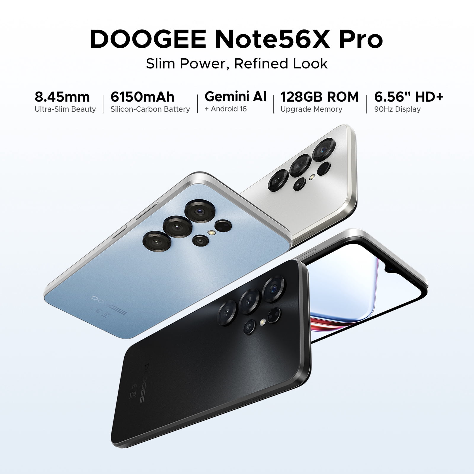 DOOGEE Note56X Pro Android 16 Unlocked Phones with Gemini AI,6150mAh Cell Phone,32GB+128GB/2TB,6.56"HD+90Hz,Dual SIM Smartphone,13MP+8MP,Widevine L1