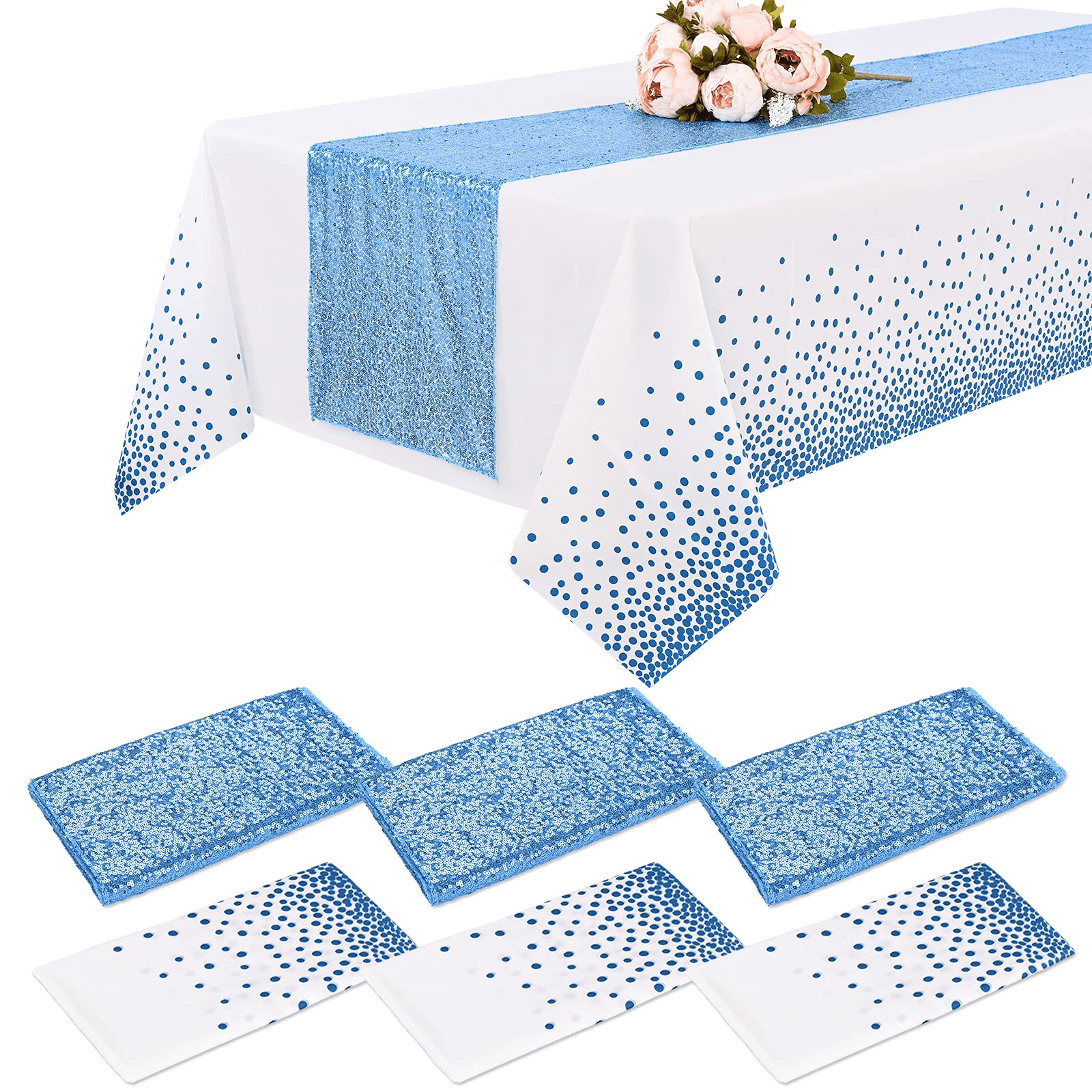Baby Blue Tablecloth, 6 Pack 12x108inch Glitter Sequins Table Runners and 54x108inch Plastic