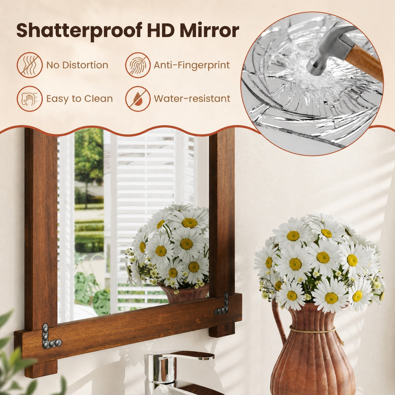 Vebreda Bathroom Wall Mirror, Wood Framed Mirror with Acacia Wood Frame and Vintage Rivet Design Brown, Ample Storage, Zero Clutter