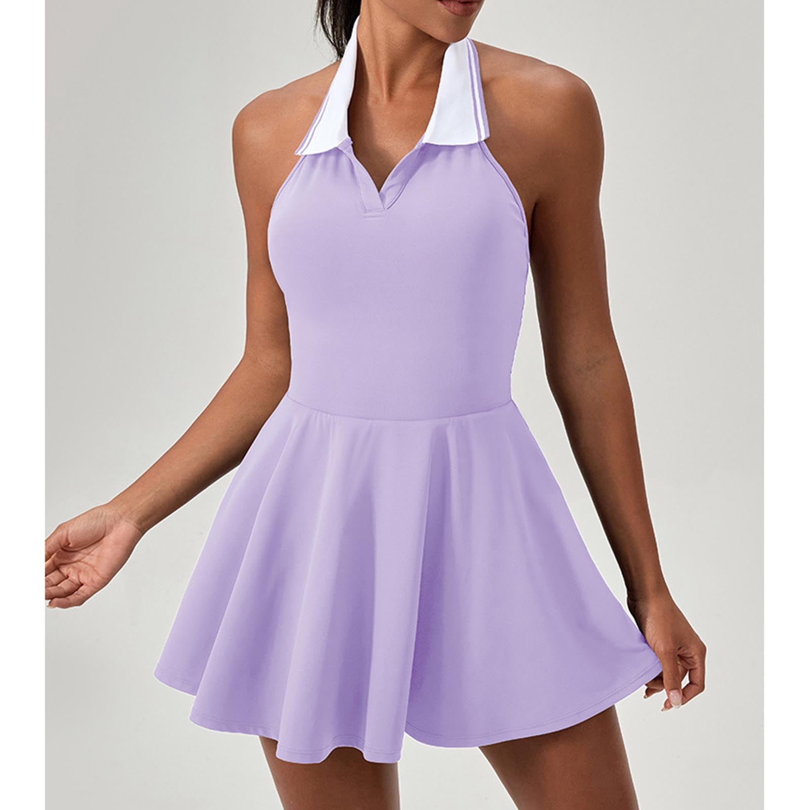 Lapel Collar Flared Tennis Dress for Women Halter Sleeveless Athletic A-Line Golf Mini Dresses Build in Shorts