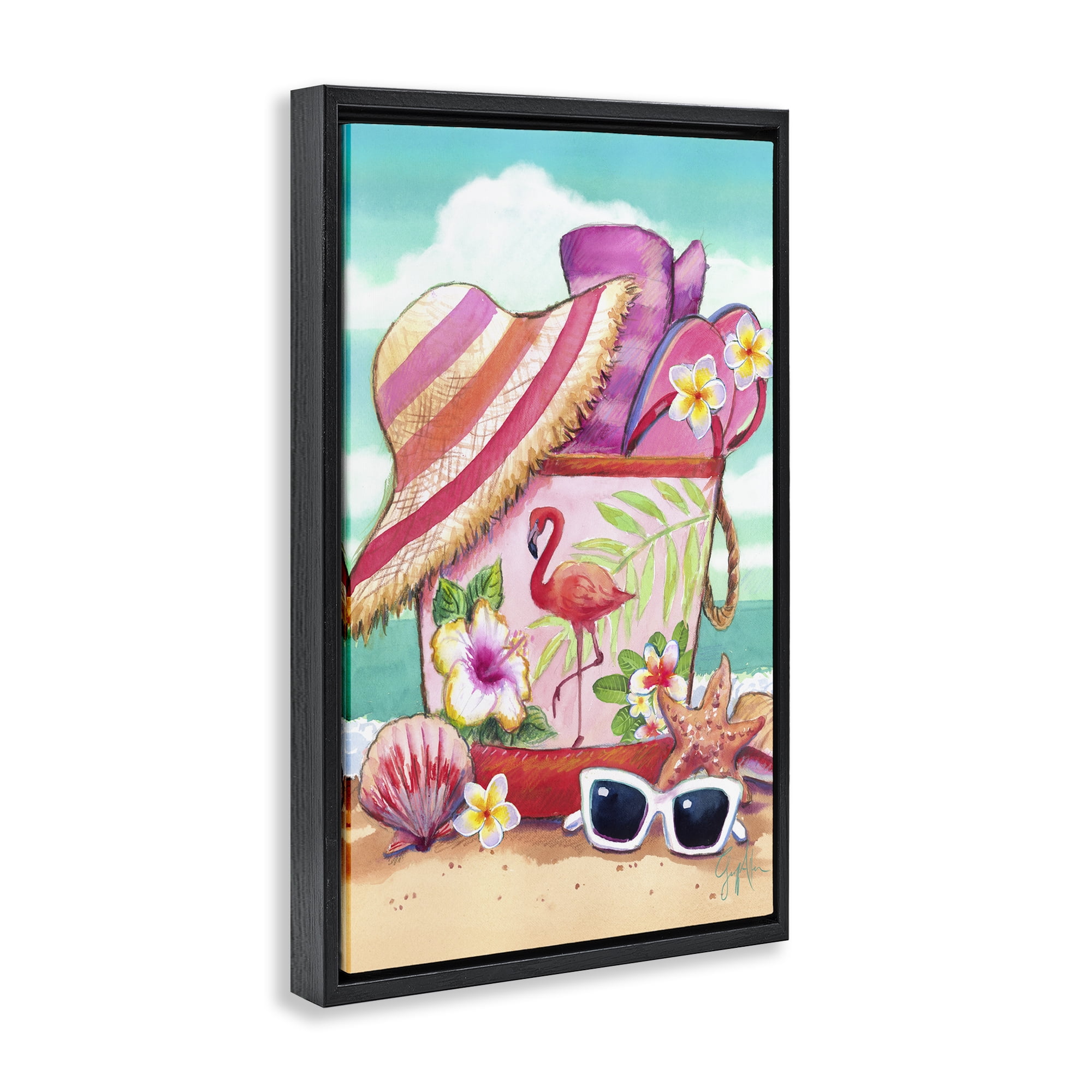 Stupell Industries Floral Beach Bag Nautical & Beach Painting Black Floater Framed Canvas Art Print Wall Art, 21 x 31