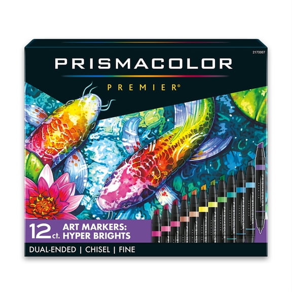 Prismacolor Premier Dual-Ended Art Markers, Chisel Tip and Fine Tip, Hyper Bright Colors, 12 Count