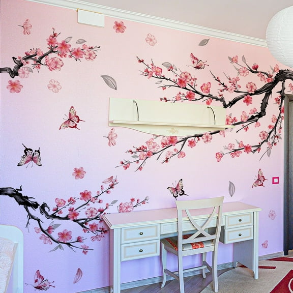 Watercolor Pink Flower Branch Wall Decals Blossom Tree Branches Floral Wall Stickers Living Room Bedroom Sofa TV Background Wall Decor