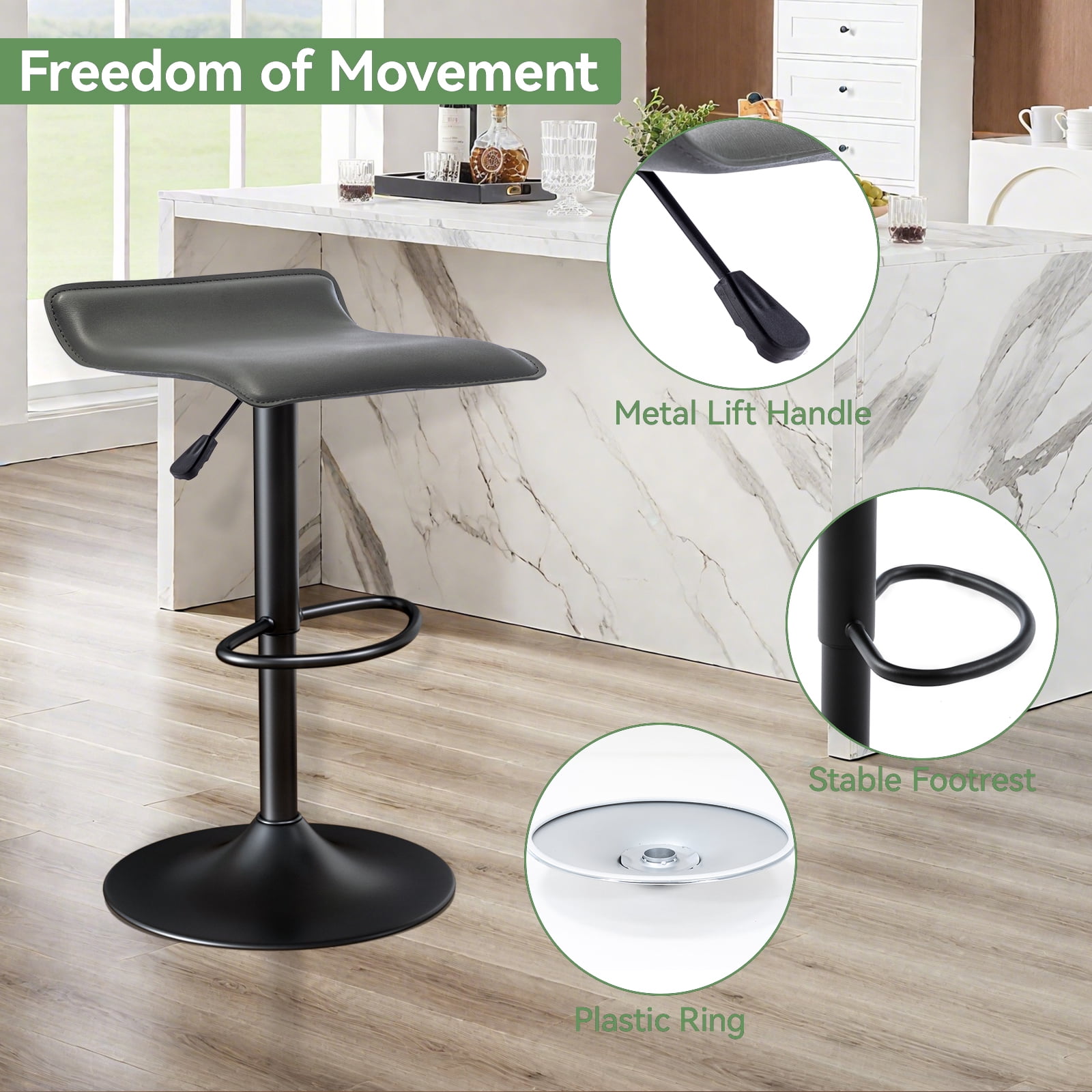 Backless Bar Stools Set of 2, 360° Swivel Adjustable Height PU Leather Bar Chairs, Modern Simple Counter Stools for Kitchen Island, Dining, Bar or Café Use (Gray)