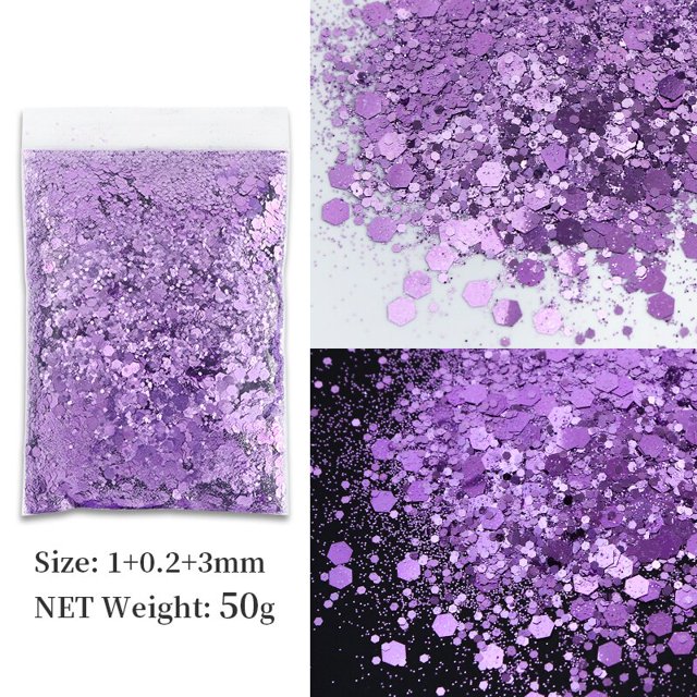 Brillo de uñas grueso con forma hexagonal mixta holográfica de 50G, lentejuelas plateadas, copos brillantes láser, rebanadas, manicura, decoración artística de uñas Tan Jianjun unisex