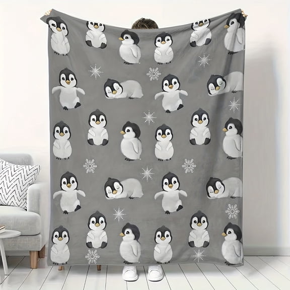 Thuswarm Adorable Penguin Gray Flannel Blanket Gift Warm Comfortable Soft Fun Printed Throw Suitable for Boys and Girls for Bed Chair Sofa