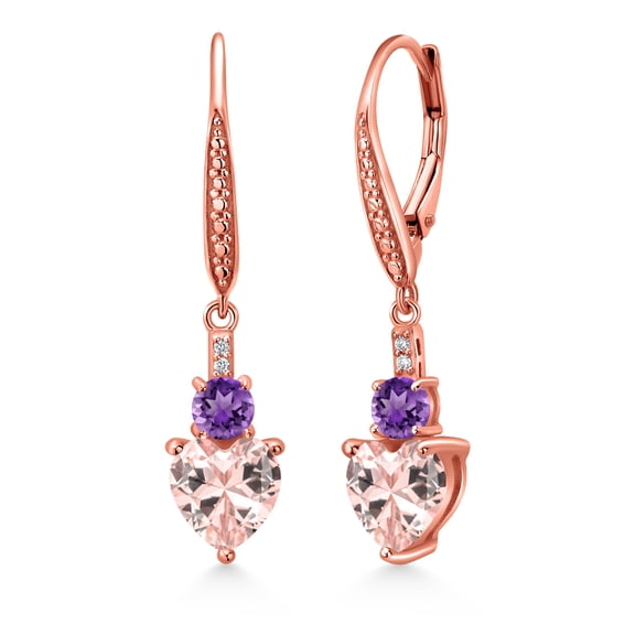 Gem Stone King 18K Rose Gold Plated Silver Peach Nano Morganite Purple Amethyst and White Lab Grown Diamond Drop Dangle Earrings for Women (3.03 Cttw, Heart Shape 7MM, Round 4MM)