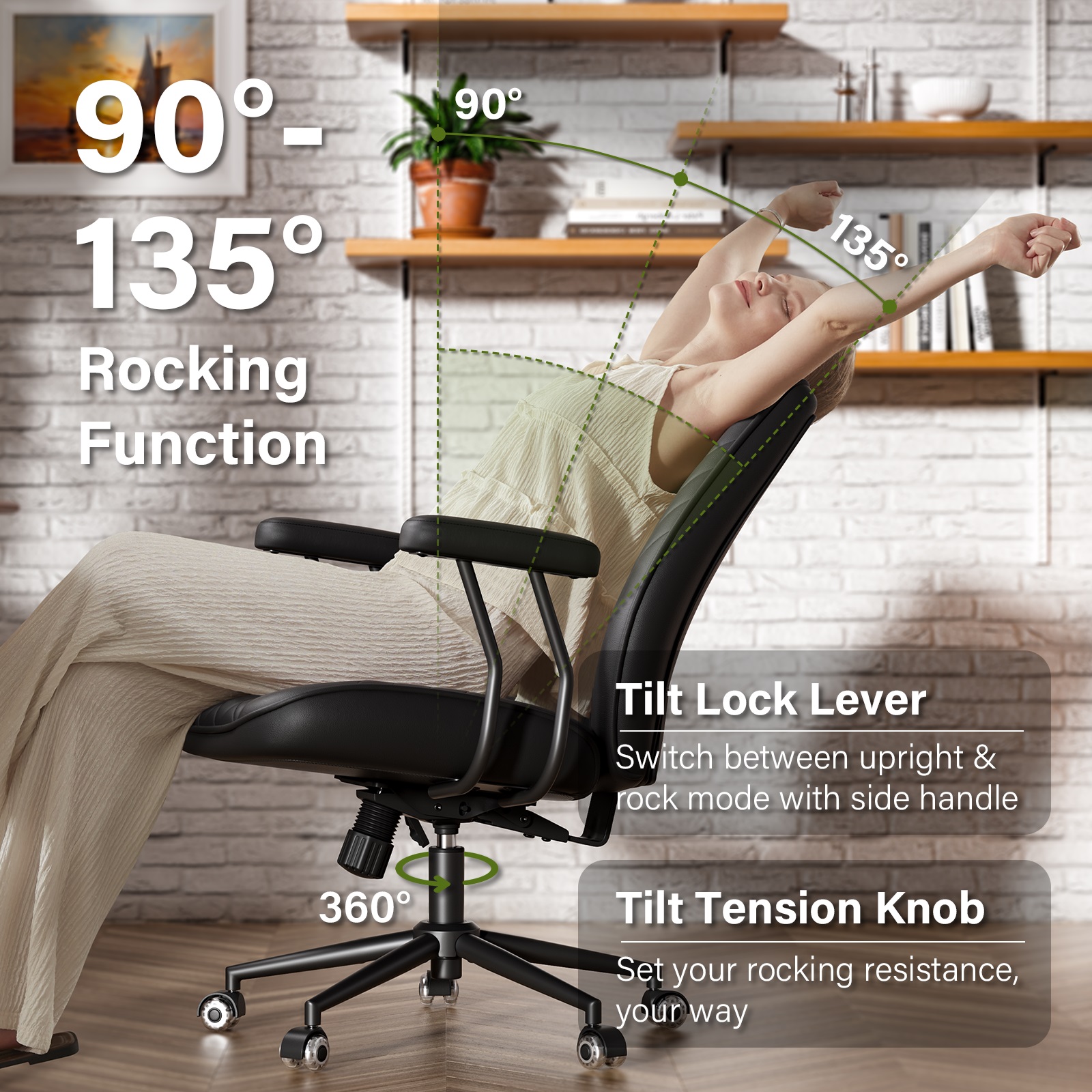 Ninecer Black Leather Office Chair with Wheels Adjustable Height Padded Arms Retro Executive Desk Chair for Home Office