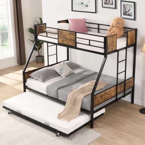 Twin Over FULL Metal Bunk Bed with Trundle 2 - Side Ladder and Full-Length Guardrail, No Box Spring Needed, Large Under Bed Storage