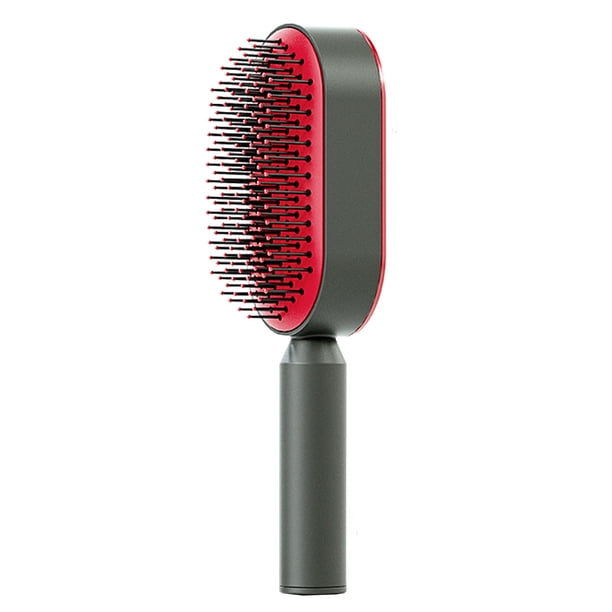 Cepillo de pelo con cojín, autolimpiante, masajeador del cuero cabelludo, peine de dientes redondeados, peine para cabello largo para mujeres, color rojo