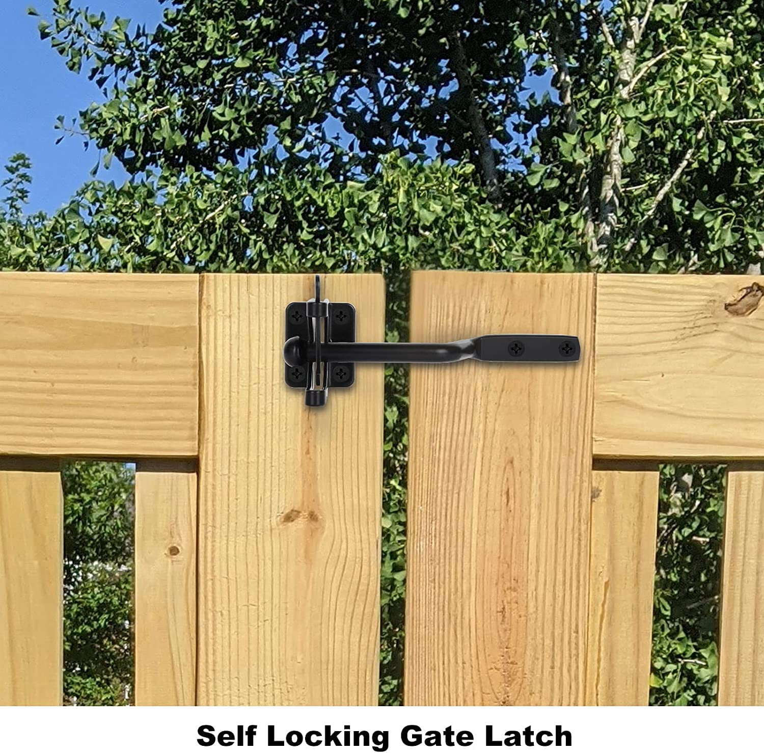 2 Pack Gate Latch for Wooden Fence, Gravity Self Locking Black Door Lock Heavy Duty Wood Metal Door Hardware Kit Stainless Steel Latches Automatic Closing for Outdoor Garden Yard Pool