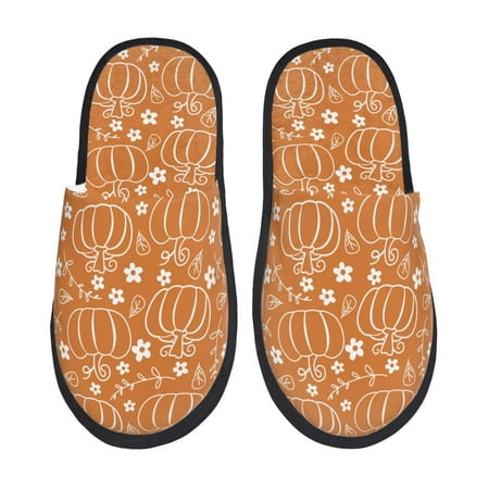 Balery Hand-drawn Pumpkin with Flowers Slient Indoor Furry Fleece Comfort House Shoes Soft Non-Slip Home Shoes Cotton slippers House Slippers-- Medium