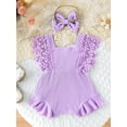 thumbnail image 3 of Suealasg Newborn Baby Girl 2Pcs Summer Outfits Lace Sleeve Round Neck Ruffle Romper with Headband Set Infant Birthday Photoshoot Clothes 0-18 Months, 3 of 8