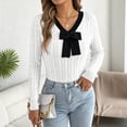 thumbnail image 2 of QIYAGBSA Womens V Neck Sweater Cable Knit Contrast Bow Detail Long Sleeve Pullover Casual Fall Winter Top (White M), 2 of 7