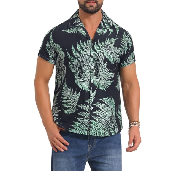 INSPIRE CHIC Men's Short Sleeve Button Down Camp Collar Leaf Print Hawaiian Shirts S Black Green