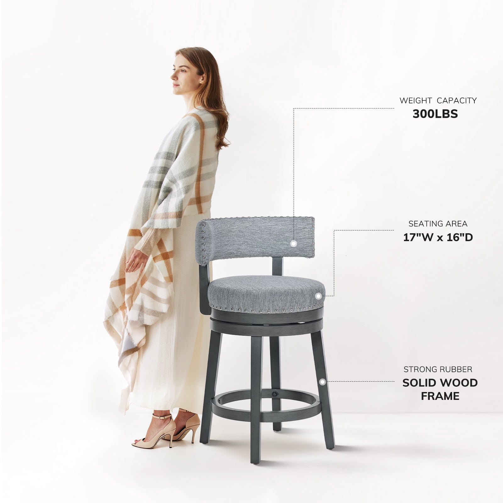 AFO Upholstered Swivel Bar Stool Set of 4 with Back - 24 Inch Counter Height Chair for Kitchen Island, Grey