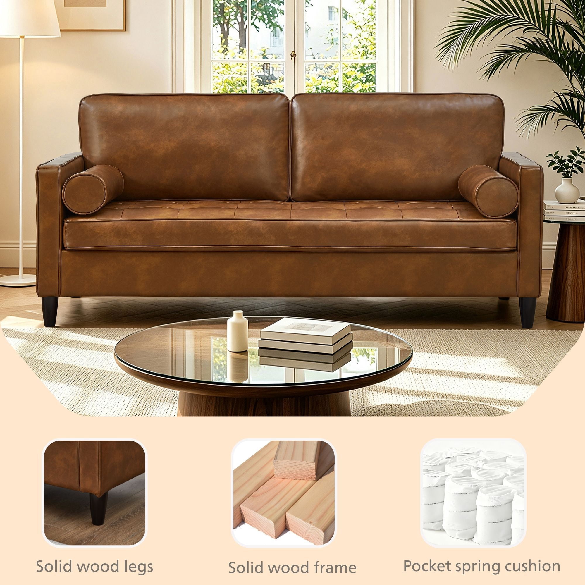 Leumius 74.5"W 3-Seater Sofa Loveseat Sofa Faux Leather Breathable Upholstered Sofa Couch with Solid Wood Legs for Living Room, Apartment & Office,Brown