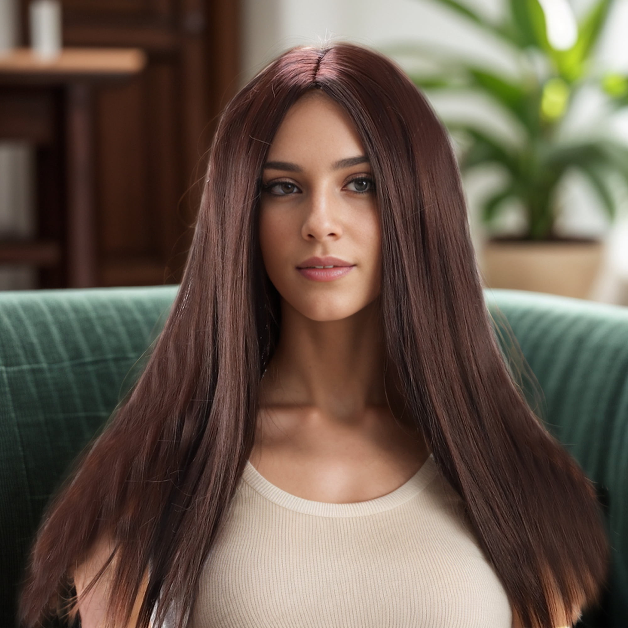 Unique Bargains 1 Pc Straight Long Hair Hair Wig High Temperature Fiber 22in Human Wig Deep Brown for Women