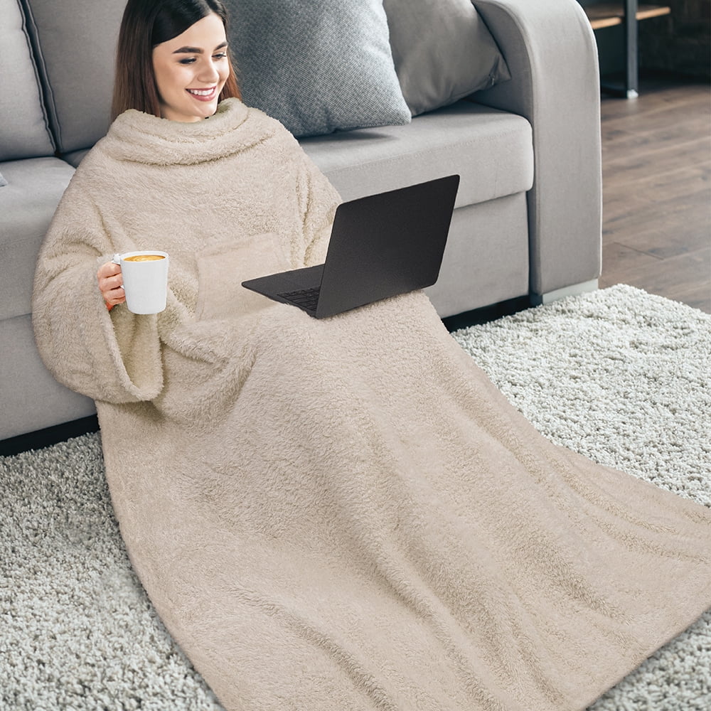 PAVILIA Fluffy Blanket with Sleeves Women Men Adults, Wearable Blanket Plush Soft Fuzzy, Hug Sleep Pod Snuggle Pocket Sleeved TV Throw, Sherpa Fleece Warm Cozy Shaggy Gifts Ideas Mom Wife, Beige Cream
