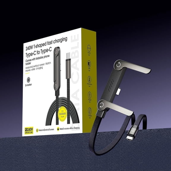 XLYFVLGF 2-in-1 Foldable Kickstand Fast Charging Cable with 240W Type-C to Type-C Fast Charging Cable,Invisible Holder Charger Cable with Stand T-Shaped Connector for Travel, Office,