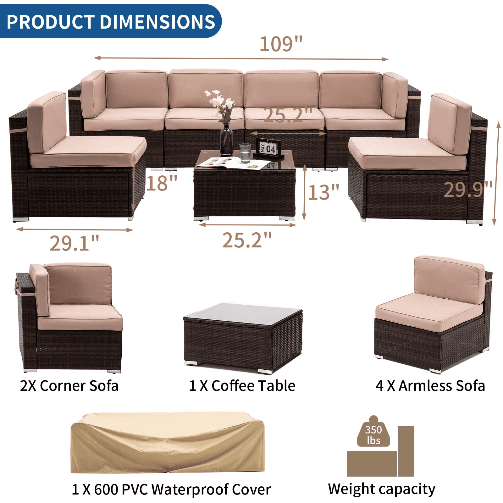 Amopatio 7 Pieces Patio Conversation Set, Outdoor Sectional PE Rattan Wicker Furniture Seat,Beige