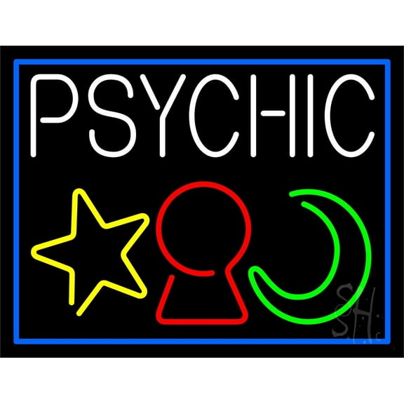 White Psychic With Logo Blue Border LED Neon Sign 24" Tall x 31" Wide - inches Black Square Cut Acrylic Backing, with Dimmer - Bright and Premium built indoor LED Neon Sign for Storefront.