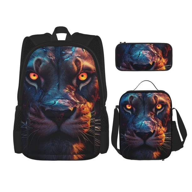 Easygdp Forest Cool Lion Mochila para Niños y Niñas con Set de Caja de Almuerzo y Estuche para Lápices 3 en 1, Mochila Escolar Estampada para Adolescentes